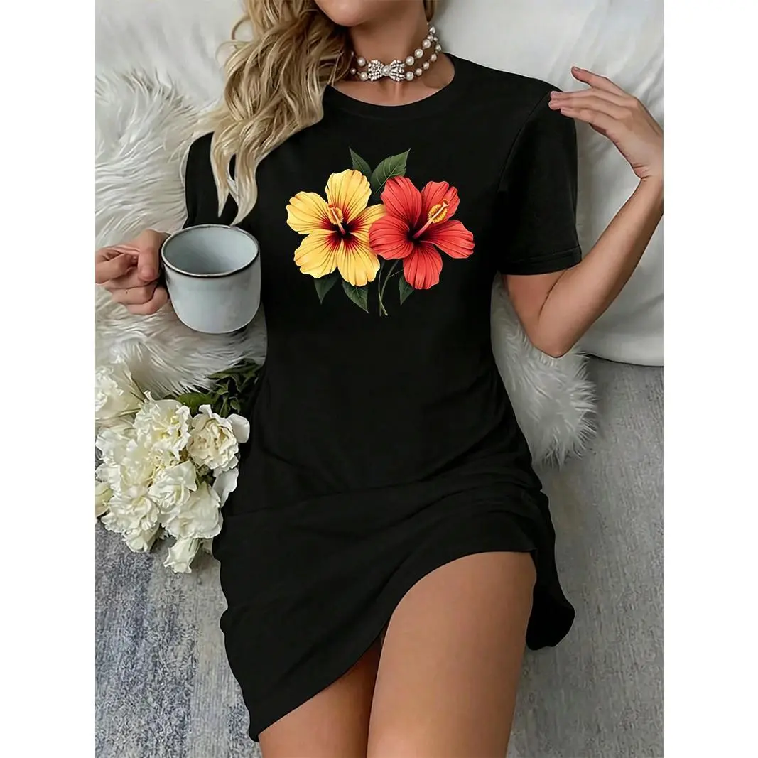 Women's Oversized Breathable Hibiscus Floral Graphic T-Shirt Dress, Crew Neck Short Sleeve Streetwear Casual Wear, Summer Vacation Beach Mini Dress, Lightweight, Spandex, Text And Floral Design Casual Dresses