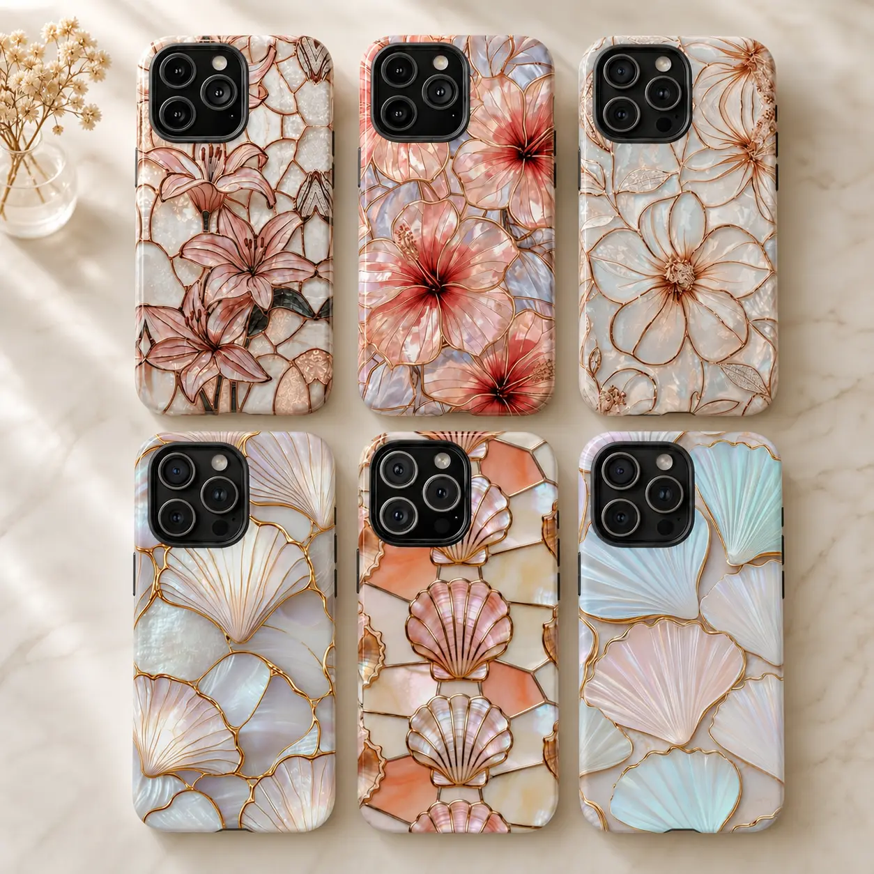 2D Faux Hibiscus Iridescent Seashell Stained Glass Print TPU-Polycarbonate Flexible Phone Case for iPhone 17-13, XR, Air Series, with Celestial Lily Tulip Flowers, Elegant Floral Ivory Design, 5G, Dual Card, Ultra HD Coastal Faux Mosaic