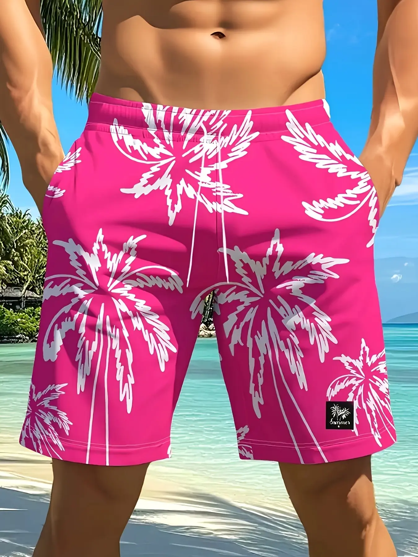 Men's Bright Pink Palm Silhouette Swim Trunks, Quick Dry Drawstring Board Shorts, Tropical Beach Shorts with Pockets for Miami Summer Festival, Pockets Swimming Shorts, Printed Trunks, Swimwear Shorts