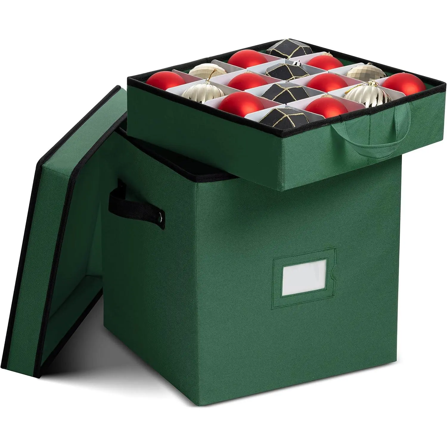 Christmas Ornament Storage Box - Stores 64 Ornaments - Non-Woven, - Proof Christmas Ornament Storage Containers - 3 Inch Cube Compartments - Green