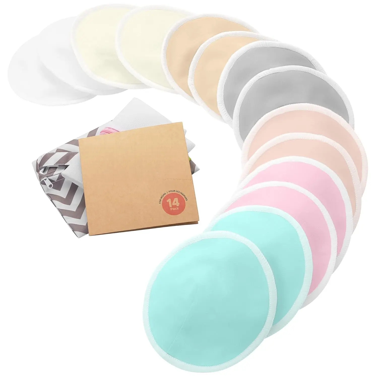 Organic Bamboo Viscose Reusable Nursing Pads (14pk, L 4.8" Large Size) - Machine Washable Breast Pads with Wash Bag, Soft White Absorbent Nipple Covers for Breastfeeding Essentials, No Warning Applicable, Pads Pack, Prop 65 Safe