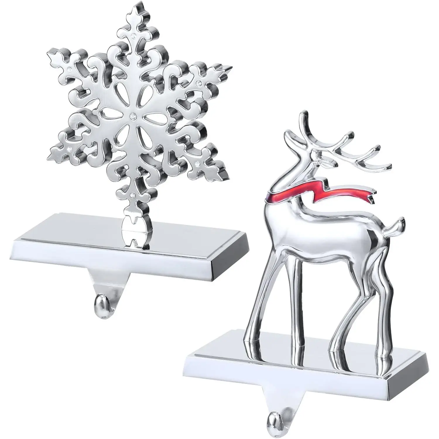 Set of 2 Silver Snowflake & Reindeer Weighted Christmas Stocking Holders Hooks for Mantel Fireplace Christmas Decorations