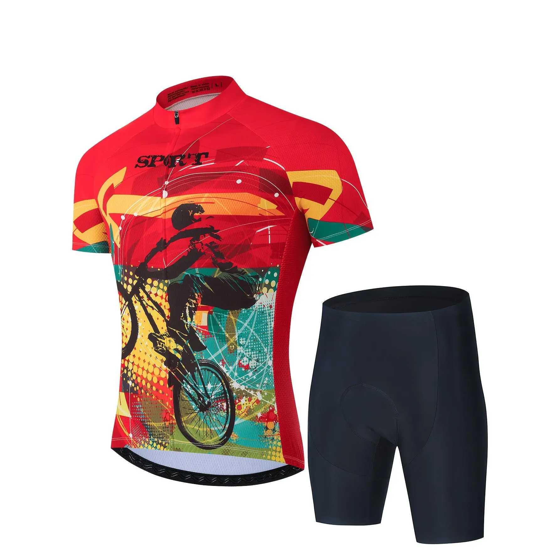 Men's cycling short-sleeve set, men's cycling suit, breathable sport fabric, road cycling shirt, with three rear pockets, short sleeves, round neck, knitted fabric, printed design, pocket details, suitable for all seasons