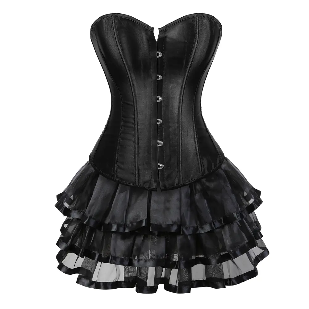 Black Corset Dress for Women 2 Pieces Sexy Medieval Renaissance Victorian Bustier Top Body Shaper Halloween Pirate Cosplay Costume with Short Skirt Tutu Vintage Design Fairy Fashion Lace Womenswear Elegant Korsett Corsé Mujer Corsetto Fashion Medieval Flo