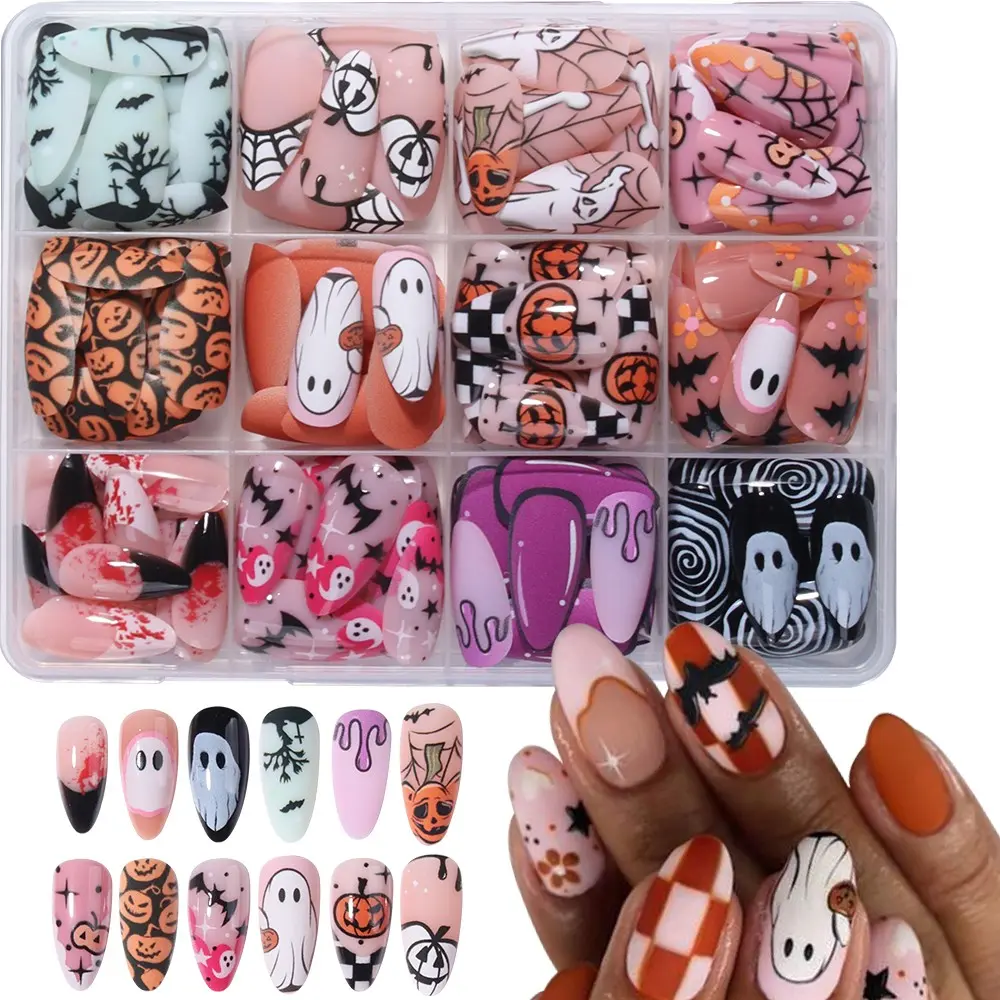 288pcs Halloween Almond Nails Set, Ghost, Mummy, Blood Drop, Bat, Spider Web, Pumpkin Design, French Nail Art, Includes Glue & File, Nail Kit