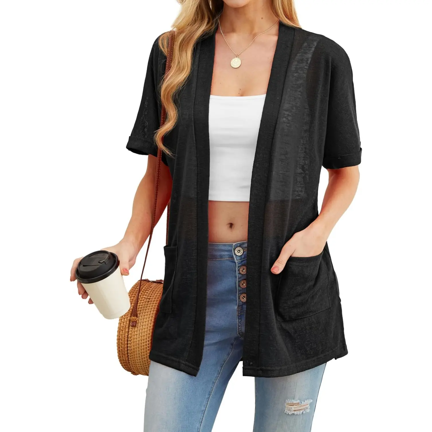 Short Sleeve Cardigans for Women Lightweight Sheer Knit Casual Cover Up with Pockets Summer 2026 Outfit