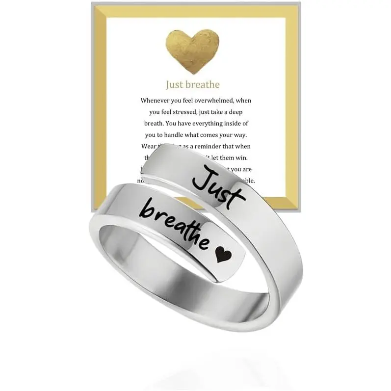 Just Breathe Heart Ring for Women, Adjustable Stainless Steel Jewelry with Engraved Inspirational Message, High Polish Finish, Motivational Gift Ideas for Daughter, BFF, Adjustable Size