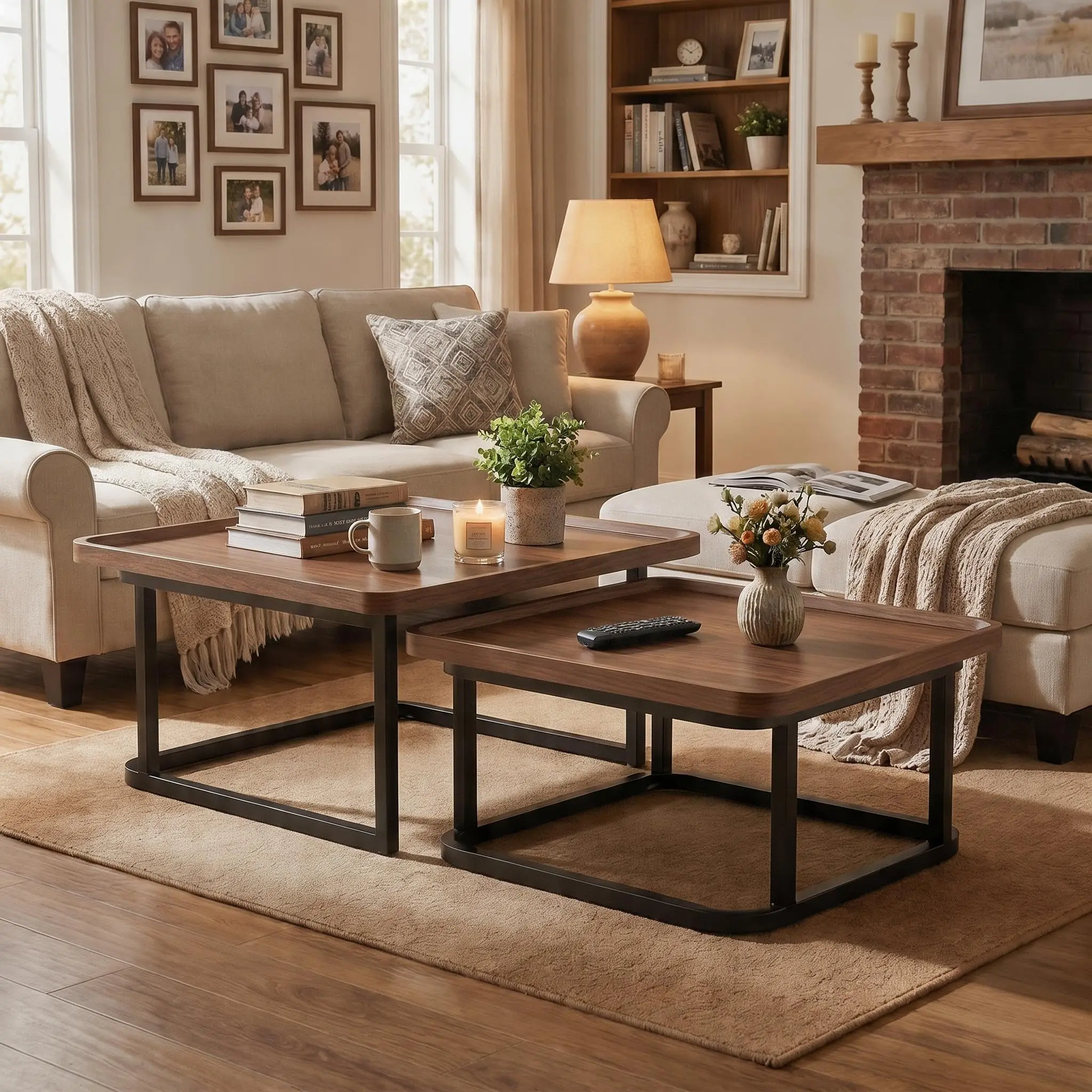 2-Piece Modern Nesting Coffee Tables - Square MDF Tops, Sturdy Metal Legs, Space-Saving, Easy Assembly, Assembly Kit Living Room Furniture, Multi-Use for Bedroom, Black or White