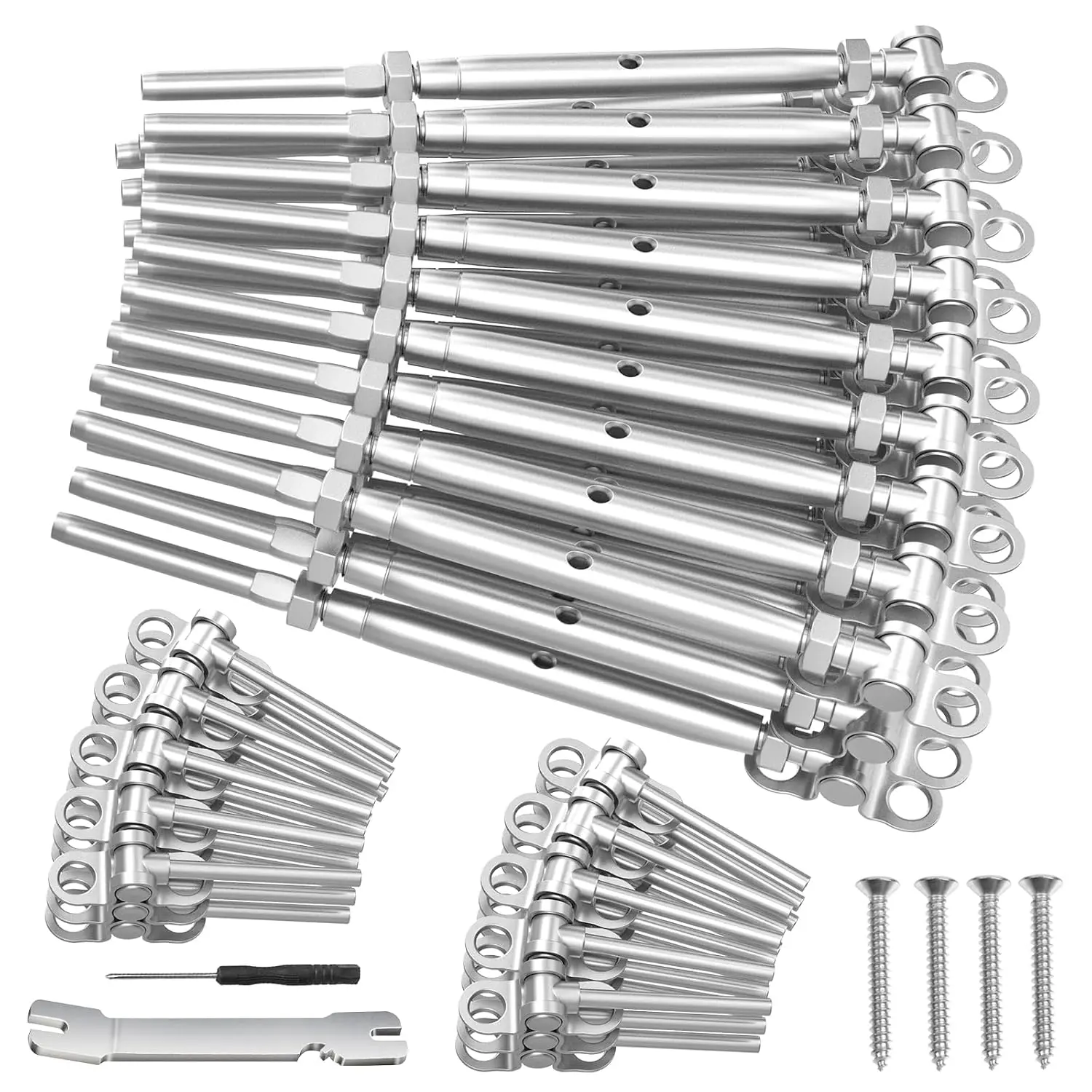 3/16" cable railing kit, T316 stainless steel, adjustable angle cable railing hardware, suitable for 2"x2", 4"x4" wooden posts, equipped with knob-type tensioners and end fittings, used for stair cable railings