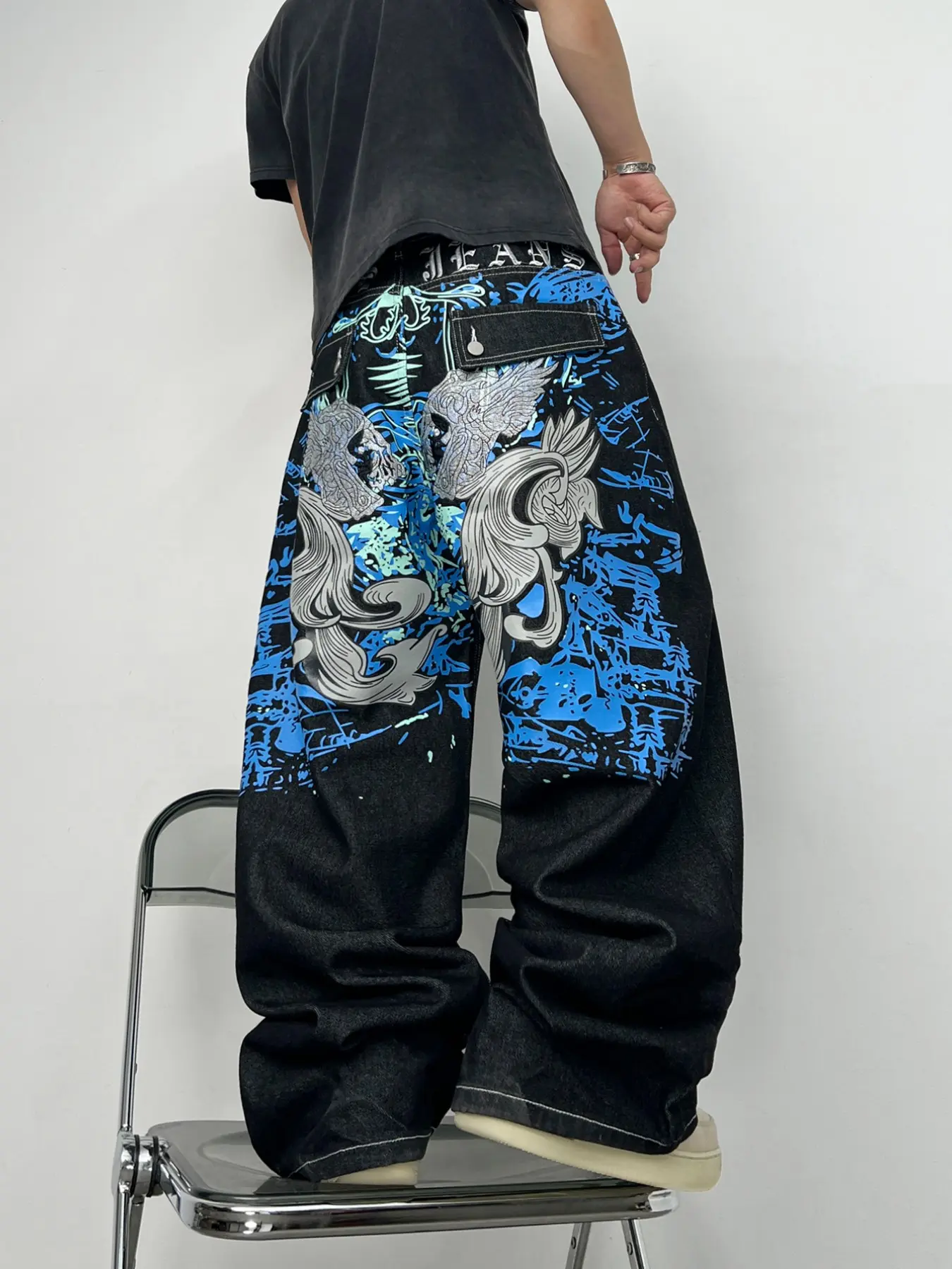 Men's Denim Jeans, Y2K Street Punk Streetwear Style, Loose Fit Wide Leg Jeans, Colorblock Embroidery, Casual Daily Wear, No Belt Included, Loose Embroidered Jeans