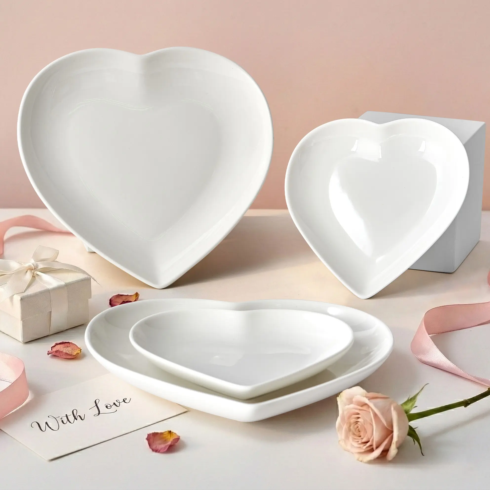 Ceramic Heart Shaped Plates Set of 2, White Dessert Plate Salad Plates Dinner Plates, Serving Plates Tableware for Appetizer, Snacks, Side Dishes, Valentine's Day Party Supplies, Microwave and Dishwasher Safe