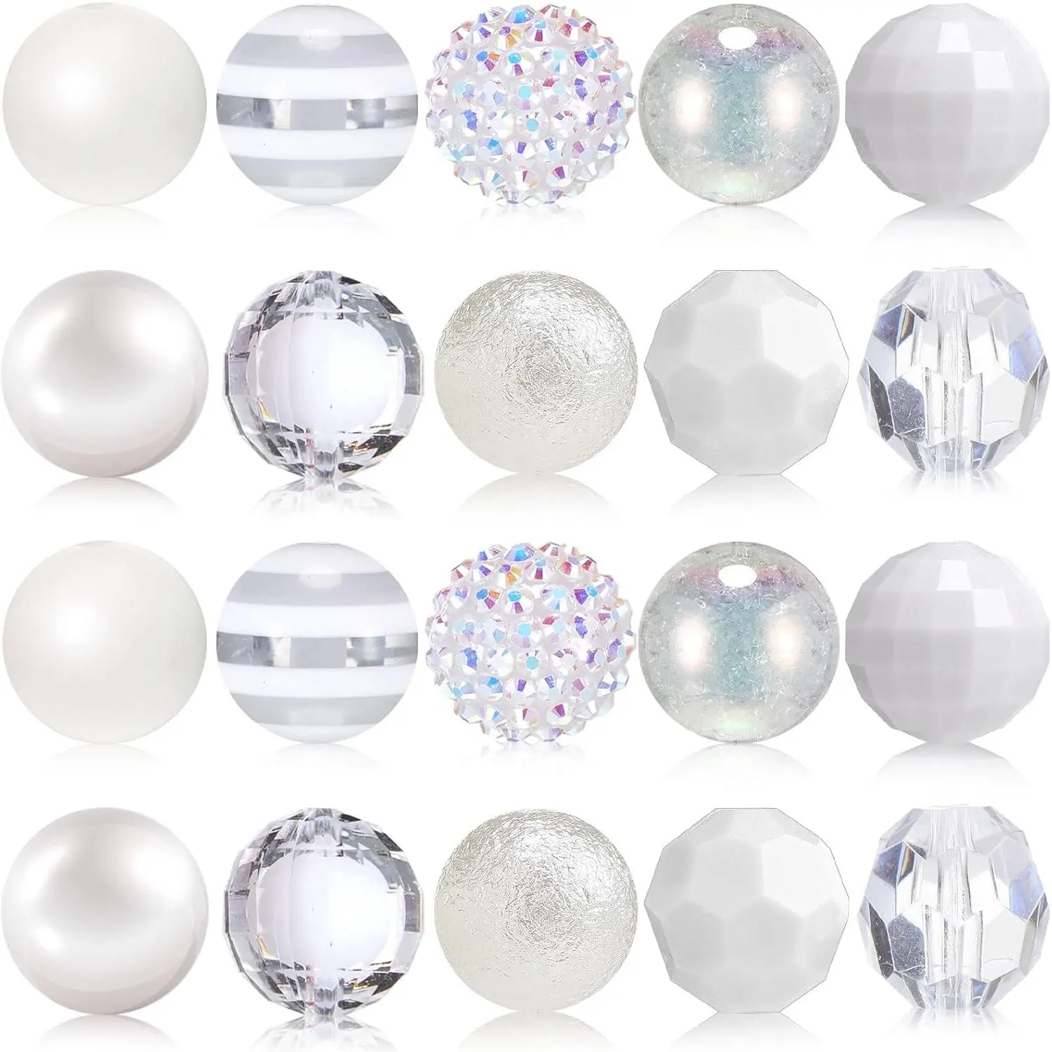 20-Count 20mm Chunky Bubblegum Beads, Synthetic Shiny Finish Large Rhinestone Focal Beads for DIY Beadable Pen Crafting (White), Chunky Beads