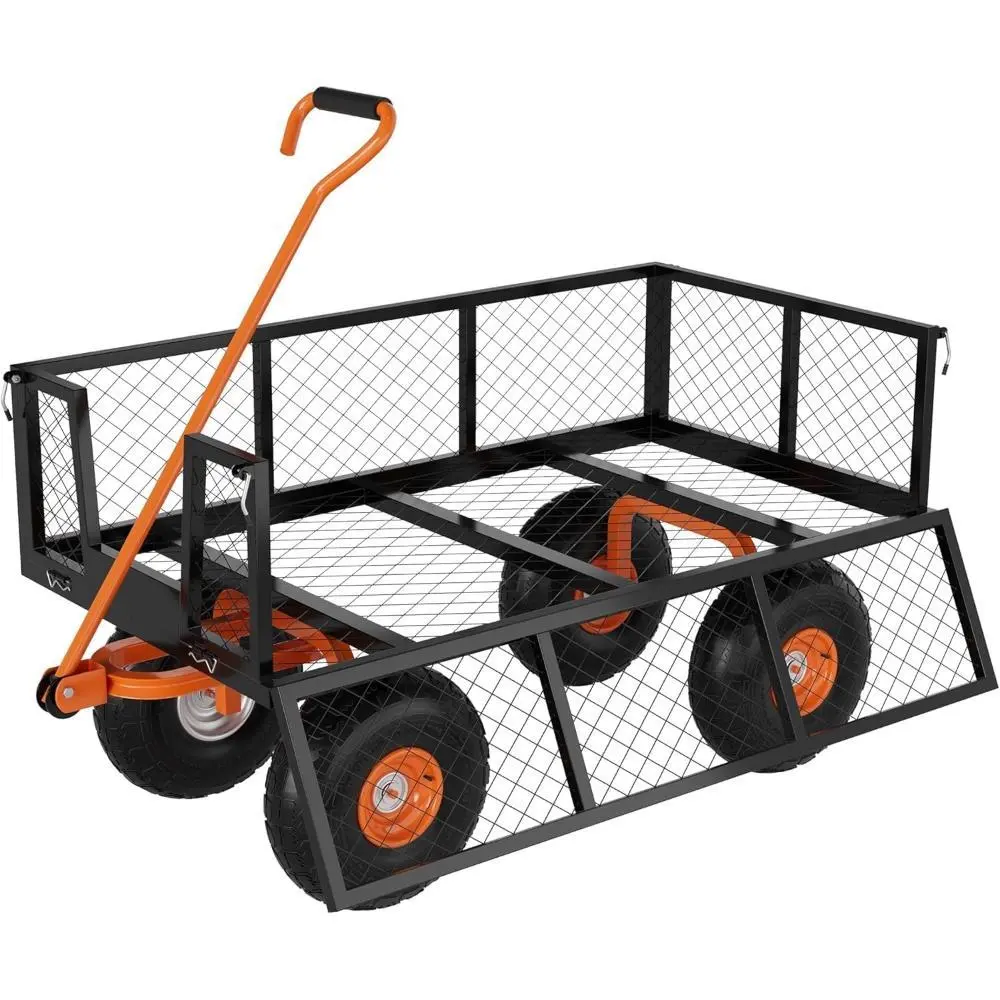 Heavy Duty Steel Garden Cart - Heavy Duty Trolley, 900Lbs Capacity Utility Wagon with 10" All-Terrain Wheels, Removable Sides, 180° Rotating Handle for Yard, Farm Use