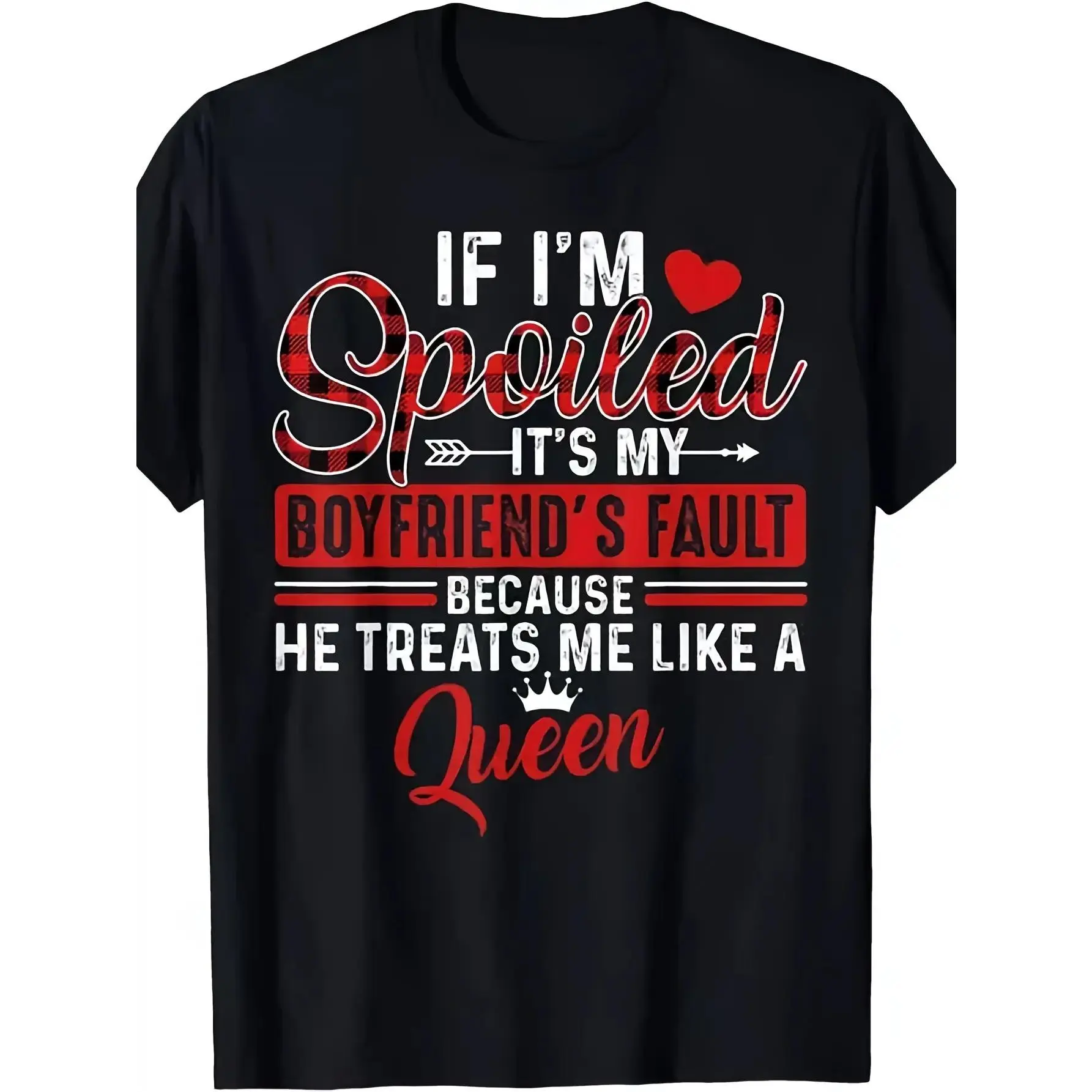 Shortsleeve Round Neck Graphic Print Funny Couple T-Shirt, "If I'm Spoiled It's My Boyfriend's Fault" Tee, Relationship Humor Top, Anniversary Gift for Couples