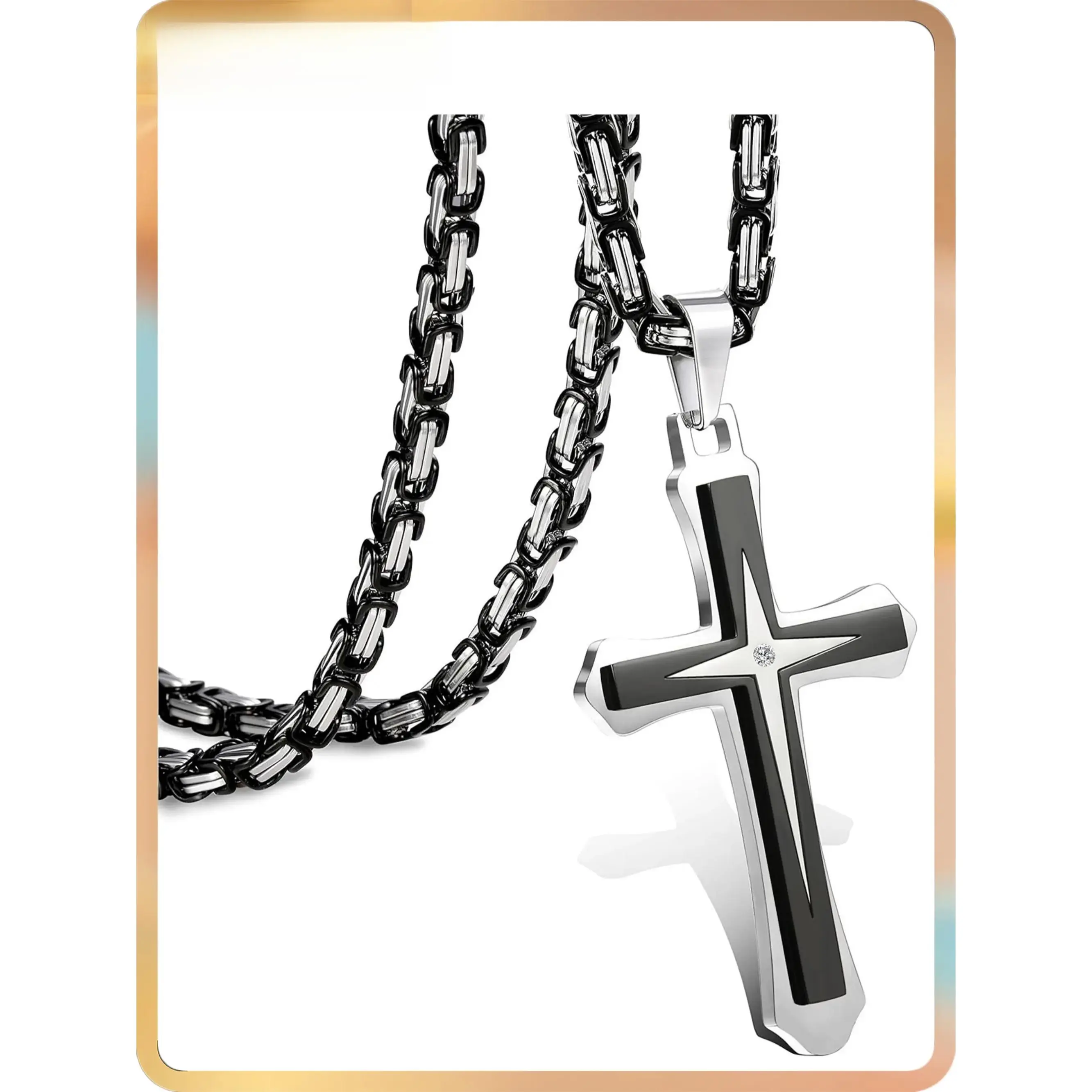 Black 14K Gold Plated Cross Necklace for Men Stainless Steel Byzantine Chain With Cross Pendant Necklace Mens Gift Men's Accessories 22-30Inch