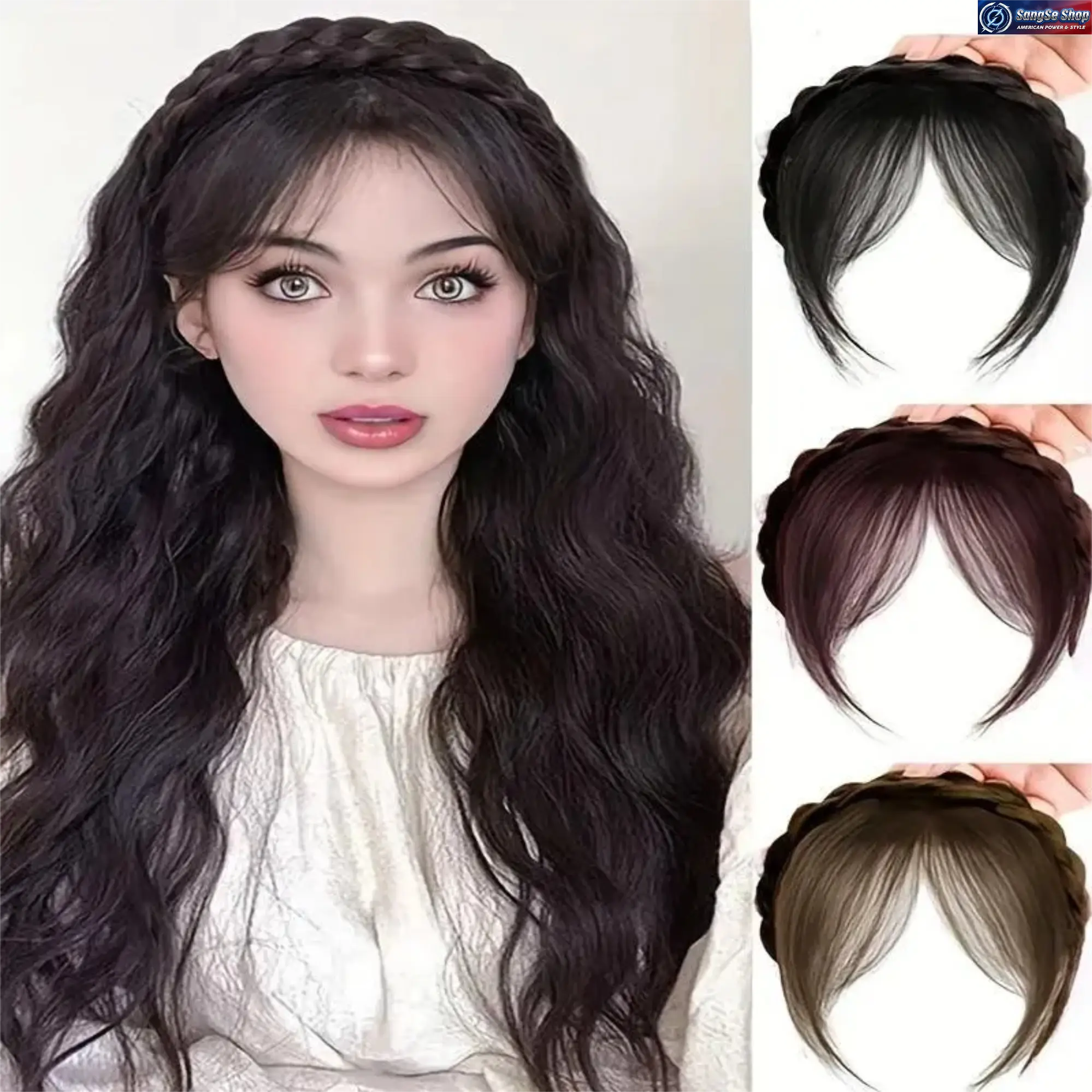 Braided Wig Headband with Faux Hair, Boho Goddess Braid & Curtain Bangs Clip In Hair Extension, Natural Looking Quick Styling Accessory for Women, No Heat Everyday Hairstyles, Party, Travel & Casual Wear