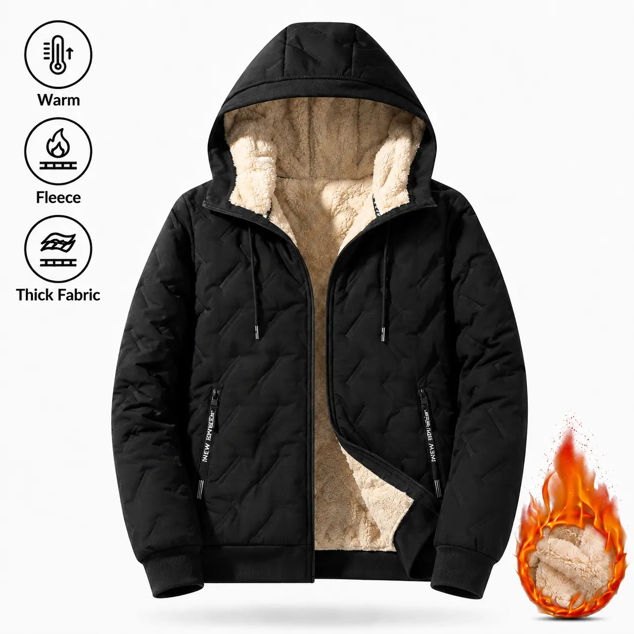 Warm Sherpa Lined Men's Hooded Padded Jacket, Full Zip Quilted Windproof Winter Outer Coat, Practical Zipper Pockets, Relaxed Fit Cold Weather Apparel Suitable For Daily Life, Light Outdoor Activities And Casual Occasions