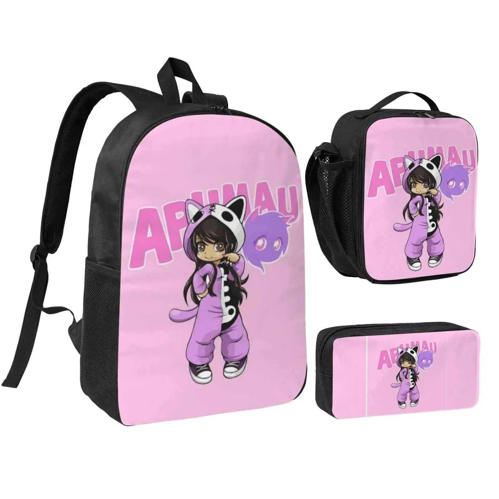 Anime Aphmau1 backpack with lunch bag pencil box for Teen Girls Boys, 3pcs kids school bag with adjustable straps, office travel bag Bookbag lunchbox