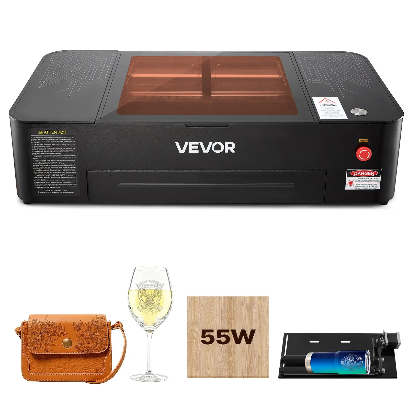 VEVOR 55W Power CO2 Laser Engraver & Cutter, 20x12 in Desktop Machine with 16MP Camera, Water Pump, Rotary Axis, Compatible with LightBurn, CorelDRAW, RDWorks, for Wood, Acrylic, Glass
