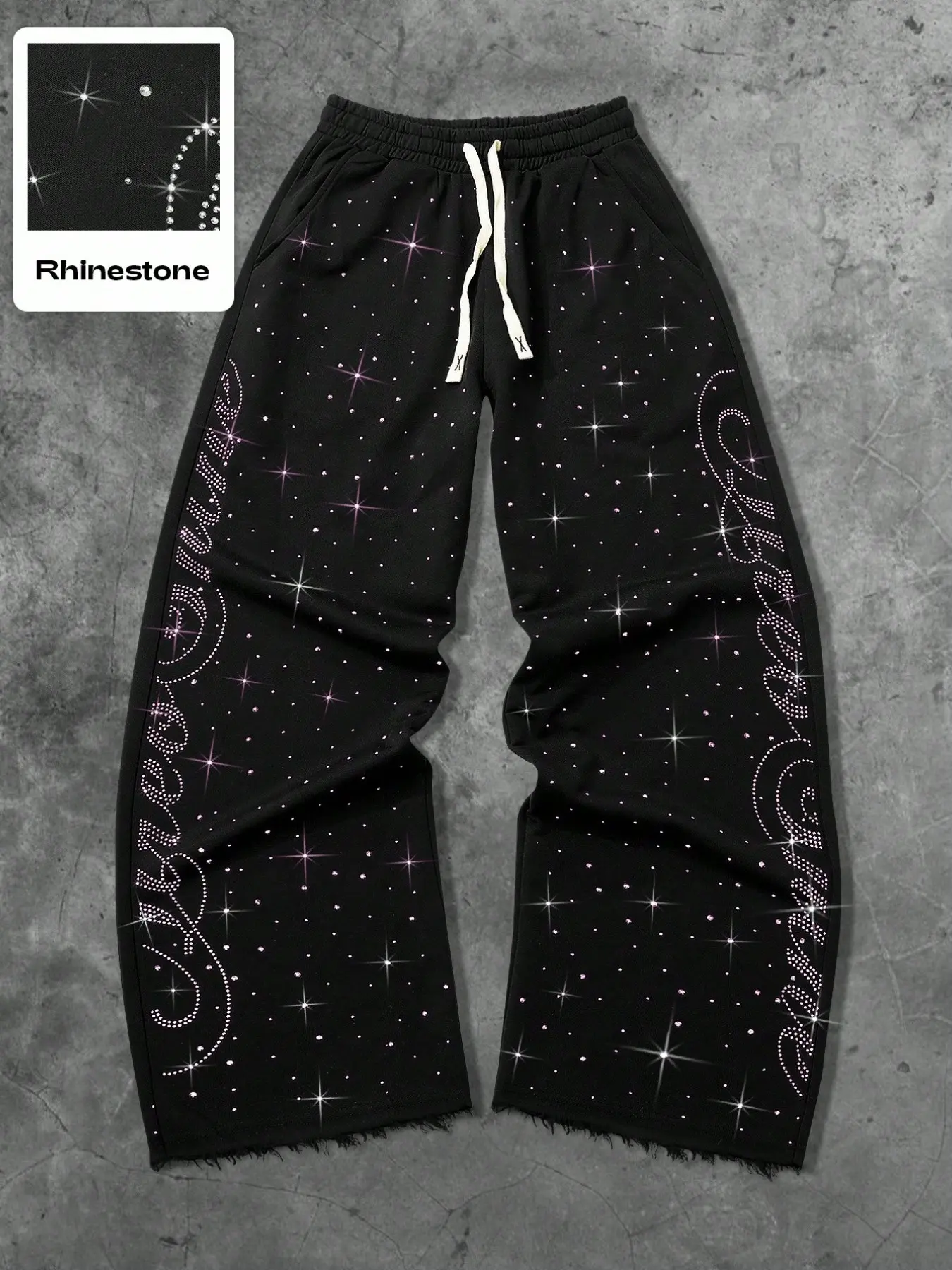 Rhinestone Embellished Men's Wide Leg Sweatpants, Black Baggy Elastic Waist Pants With Silver Star Rhinestones, Print And Side Leg Cursive Lettering, Relaxed Drapey Fit Casual Streetwear Trousers, Sparkly Clubwear Party Pants For Daily Night Out Concert