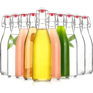 Clear Glass Bottle with Swinging Top for Airtight Lids, 16oz 10 Pack Beer Bottles with Flip Caps, Home Brewing and Fermentation Kombucha, Vanilla Extract, Beverage, Water, Kefir
