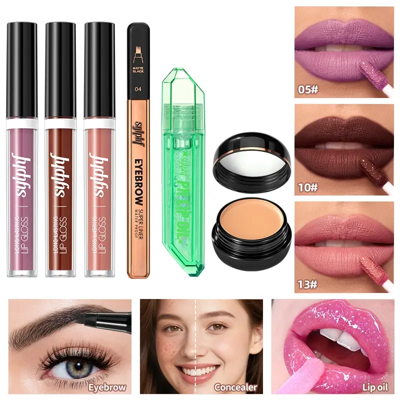 All In One Face Eye Lip Cosmetic Set Beauty Sets Makeup Combo Velvet Matte Lip Tint Shade Shift Glitter Lip Oil Hydrating Concealer Fine Stroke Brow Pen Suitable For Various Makeup Styles