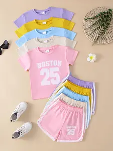 Girls' Casual Boston Letter Pattern Set, Crew Neck Set, Soft Knit Short Sleeve T-Shirt & Shorts, Outdoor Leisure Wear, 10-Piece Bundle