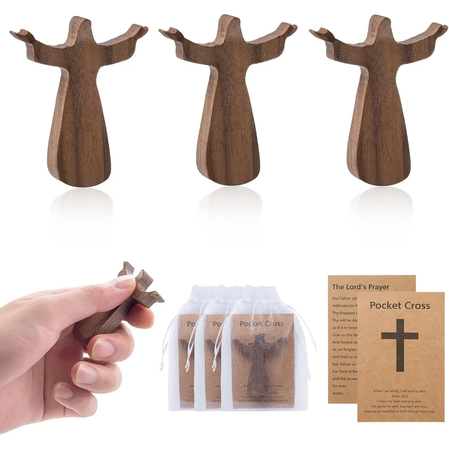 3-Count Walnut Wooden Pocket Prayer Crosses - Handheld Comfort Fingertip Faith-Based Cross Shape Decor, Baptism Gift for Daily Prayers with Organza Bags and Cards, Modern