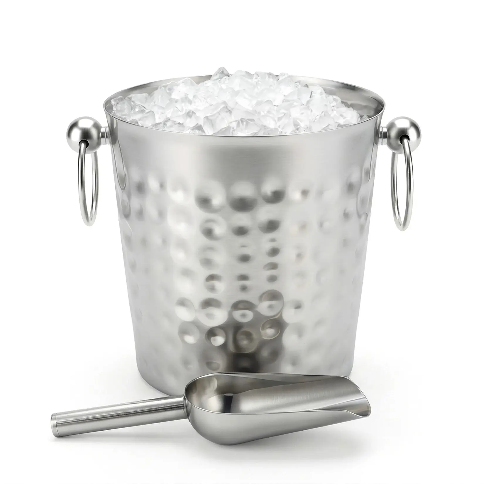 3L Hammered Stainless Steel Ice Bucket with Ice Scoop Silver Thickened Wine Champagne Beer Chiller for Home Bar Party Wedding