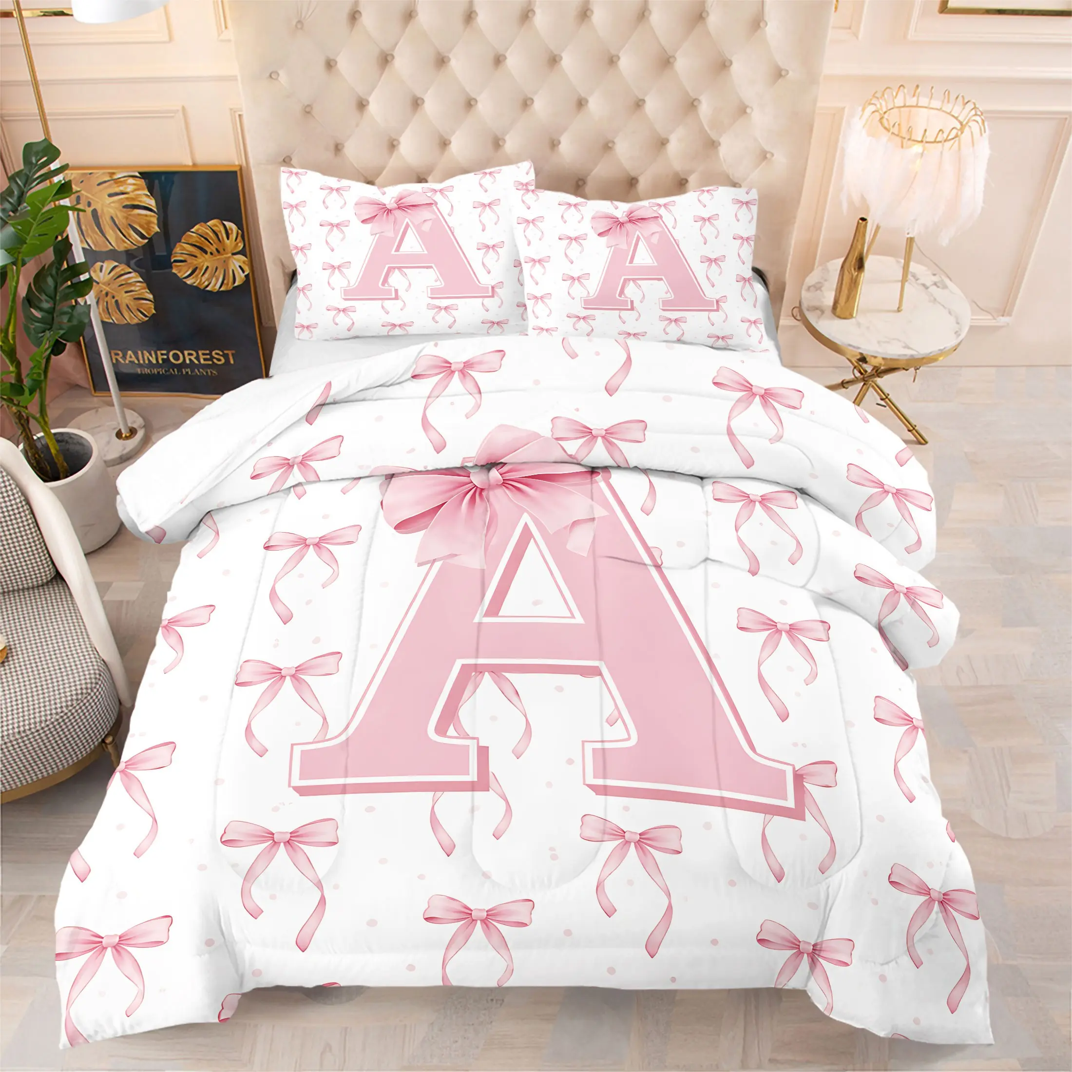 Initial Letter A Comforter Set Full Cute Monogrammed Bowknot Comforter Set for Kids Boys Girls Pink Bow Princess Bedding Comforter Sets Modern Simple Pink White Bow Knot Quilt Duvet+1-2 Pillowcases