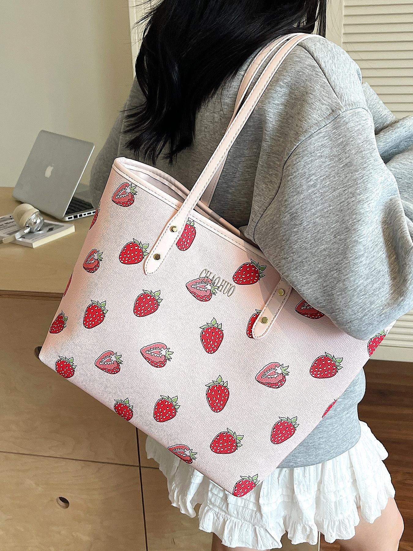 Niche cherry fruit pattern printed tote bag, Lightweight tote bag, one-shoulder underarm bag, casual handbag, Casual commuter bag, Casual trendy purses, versatile for daily commuting, multiple colors available, suitable for college students