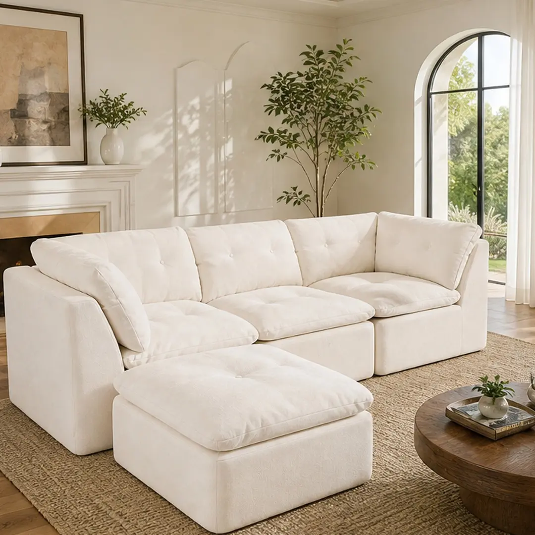 ARCH Modern Cloud-Style L-Shaped Sectional Couch - 4-Seater Indoor Chenille Sofa with Thick Arms, Deep Seat, Convertible Combo Item (Sofa + Ottoman), No Assembly Required, Beige White, Comfy Couch for Primary Living Space
