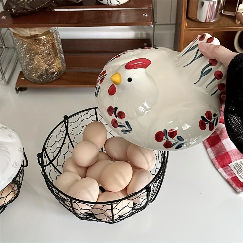 Ceramic Egg Basket with Metal Wire and Lid, Multifunctional Kitchen Storage Box, Decorative Food Organizer for Eggs, Fruits, Vegetables, Multipurpose Basket Decorative Ornaments