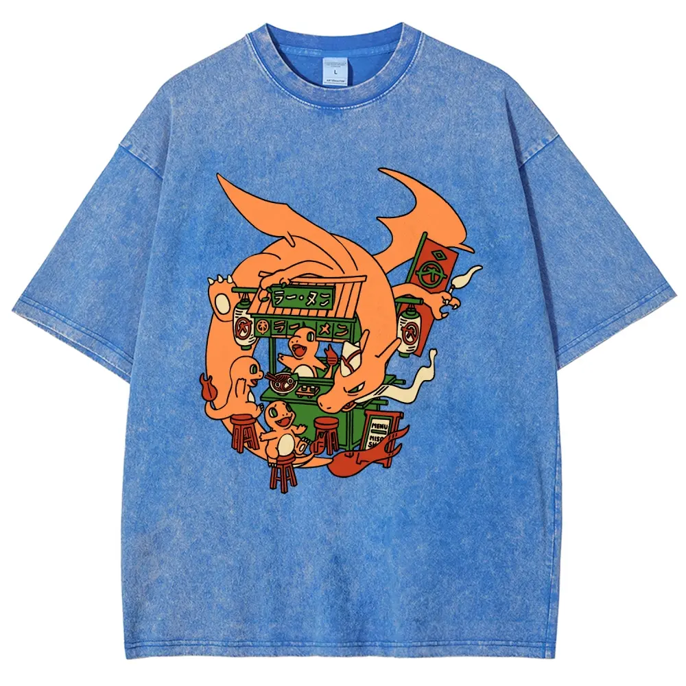 Unisex Fantasy Dragon Cuisine Japanese Night Market Ramen pocket Graphict Washed T-Shirt Personalized Pattern Y2k Clothing Round Neck Washed T-Shirt,Women's Clothing Cotton, Menswear, Top, Vintage Style,Summer Casual Oversized