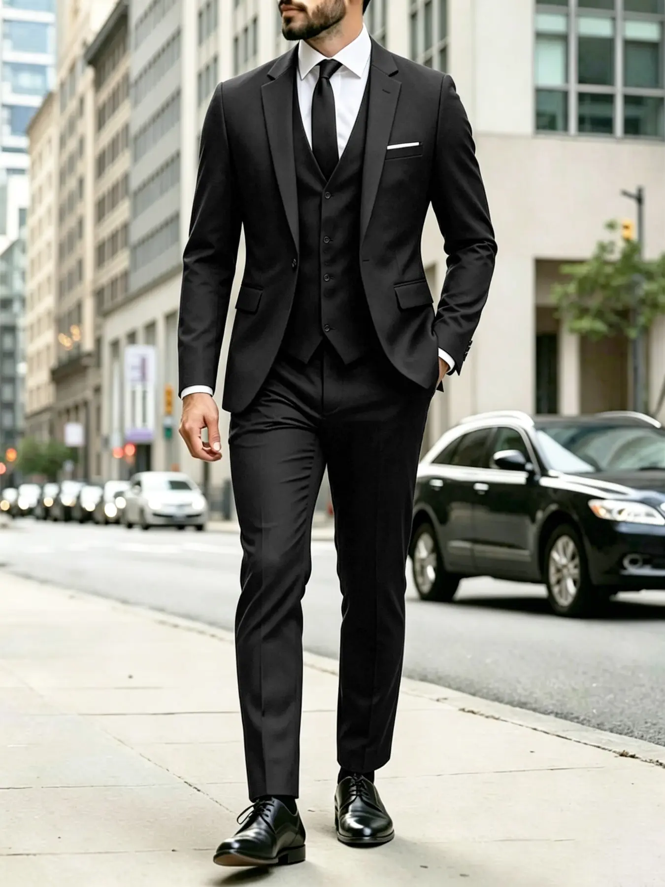 Men's Solid Color Plain Slim Fit Suit Three Piece Set, Business Casual Formal Wear, Groom Wedding, Versatile Blazer Vest Pants Set