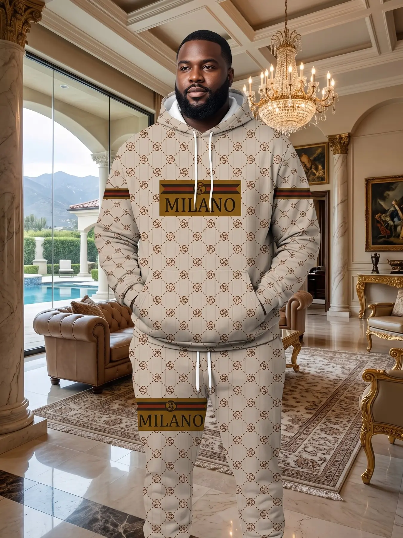 Men's Milan Flower Rhombus Sweatshirt Set, Milano Letter Luxury Sports Set, Vintage Clover Pattern Full Print Hooded Ankle Pants Set