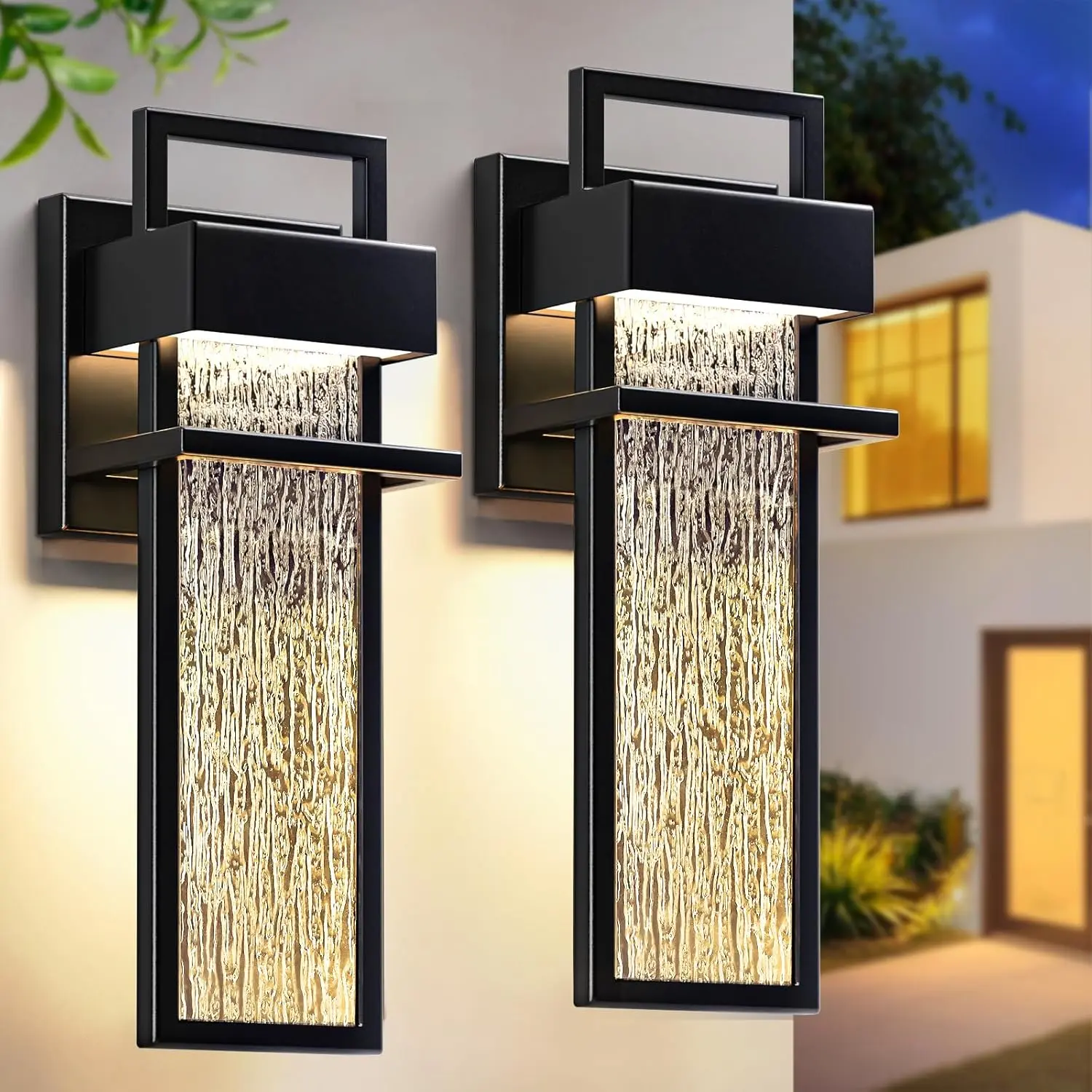 15'' Outdoor Wall Lights 2 Packs, 3000K Integrated LED Outdoor Sconce, Modern Exterior Lighting Fixtures with Rippled Glass,  Porch Light Outside Lights for House Garage Patio, Black