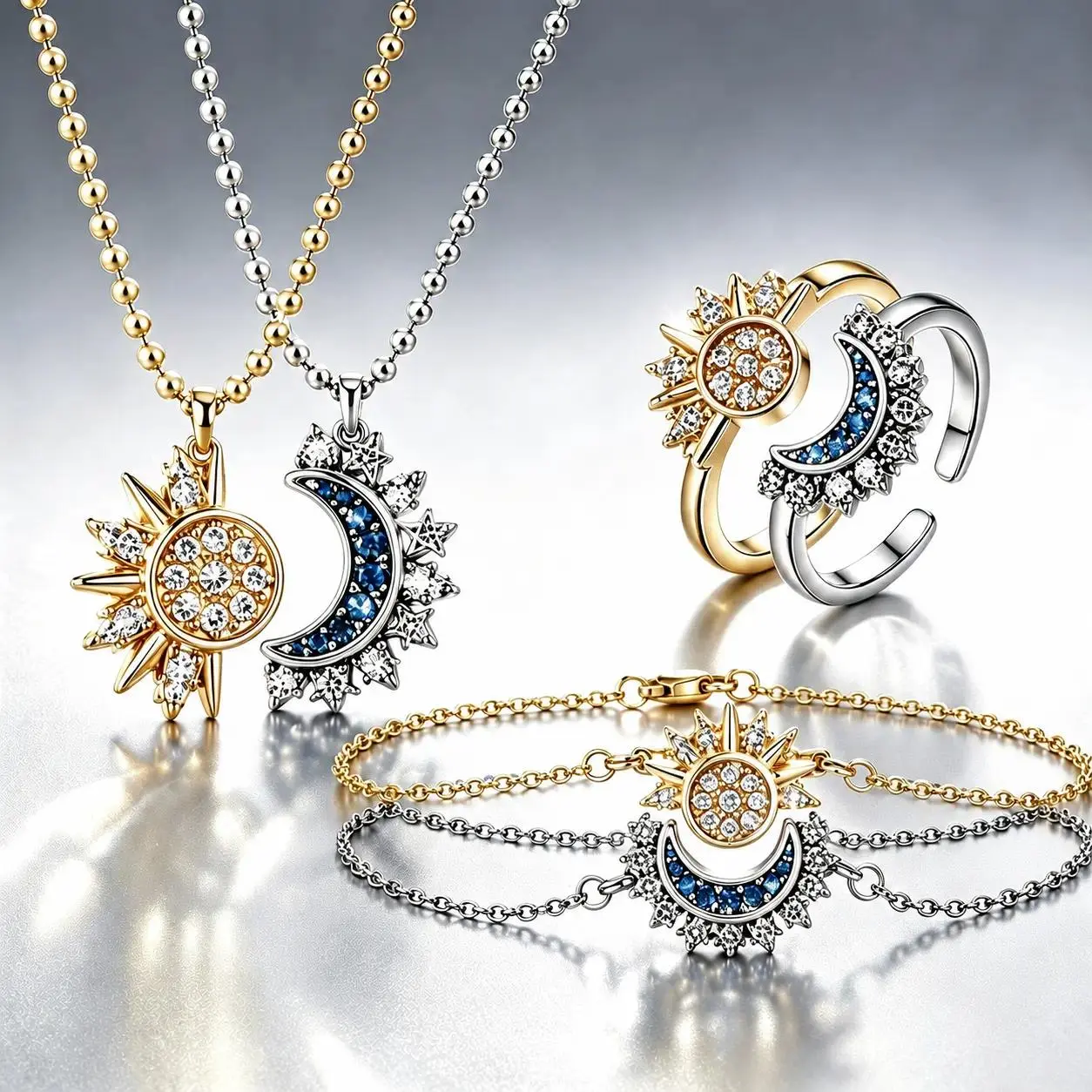 Sun and Moon Jewelry Set - Celestial Necklace, Ring & Bracelet Suite, Gold & Silver Y2K Matching Accessories, Thoughtful Best Friend & Couple Gift