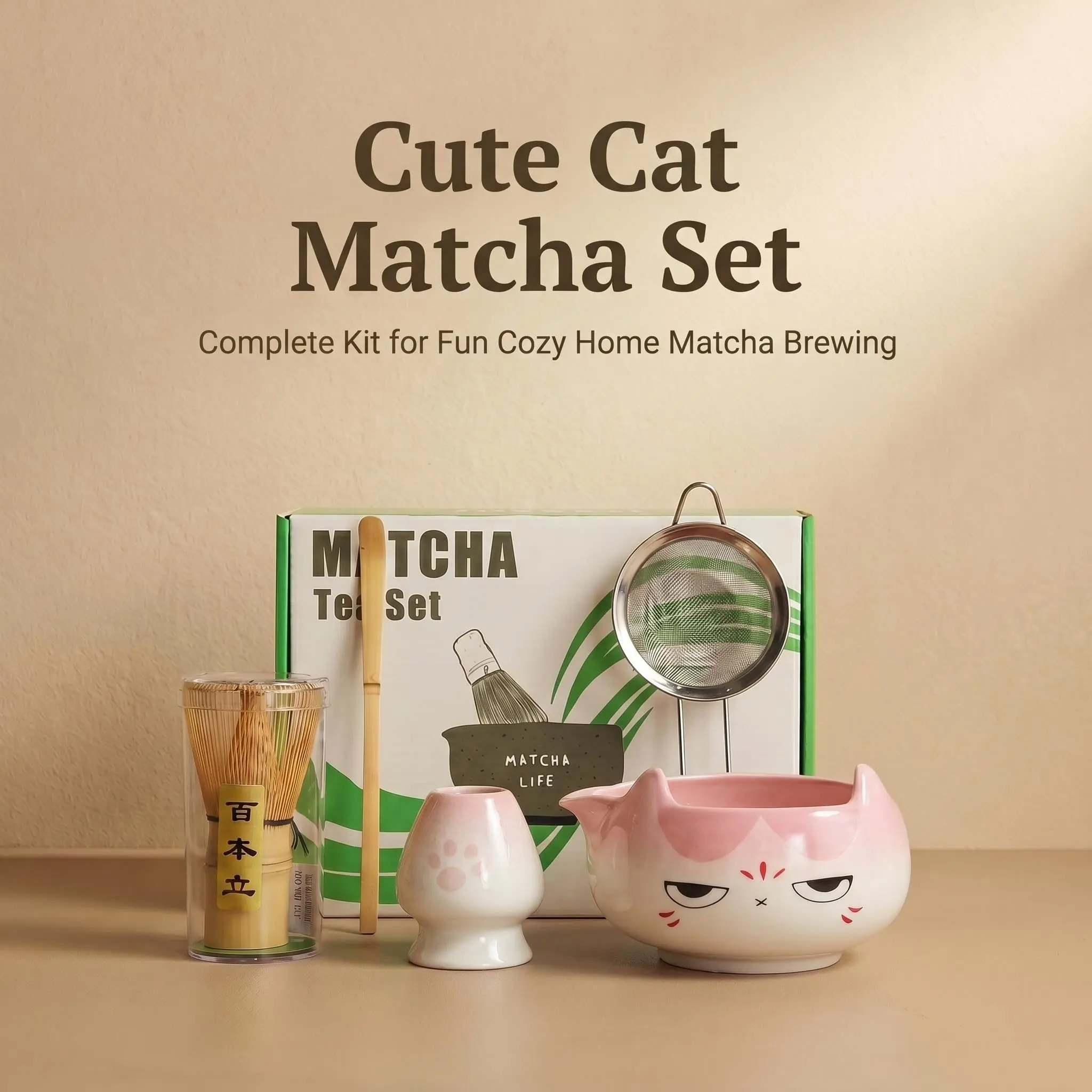 5-Piece Japanese Matcha Tea Set, Cute Cat Design, Includes Ceramic Bowl, Bamboo Chasen, Teapot Spoon, Sieve, Stand, Stainless Steel Filter, breakfast bowl, fruit bowl, dessert bowl, gift, Matcha Making Kit