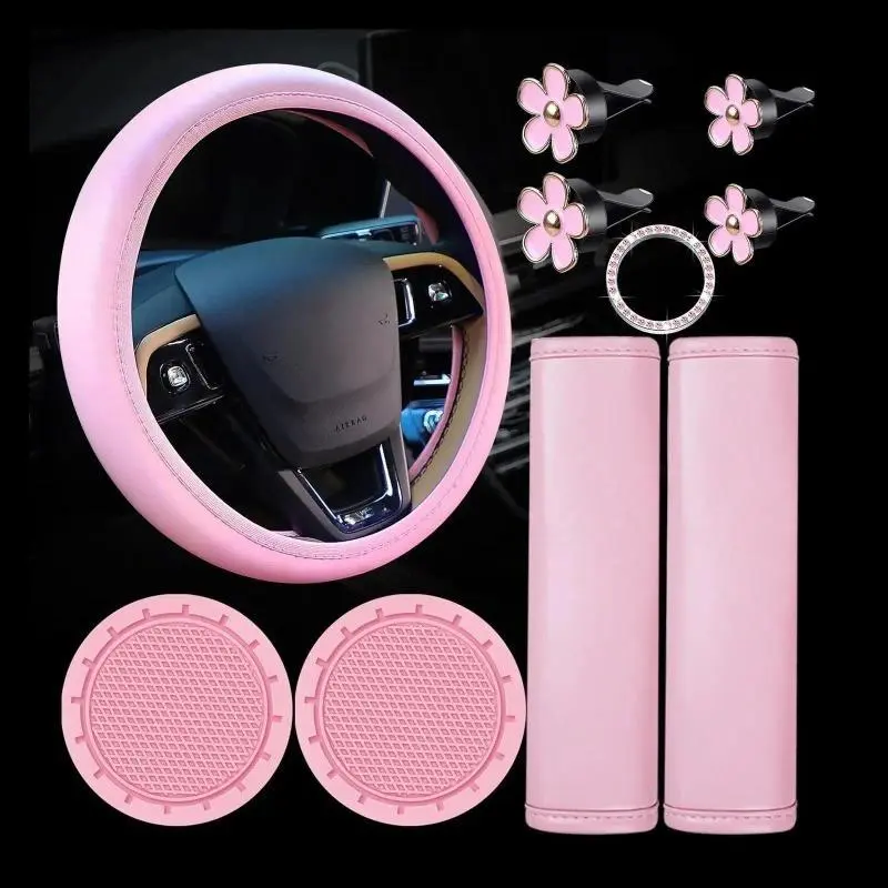 Cute Solid Pink Car Accessories for Women, Universal 3-Piece Interior Set with Non-Slip Steering Wheel Cover, Seat Belt Pads & Coasters, Accessories For Car, Car Interior Kit, Light Pink Car Accessories
