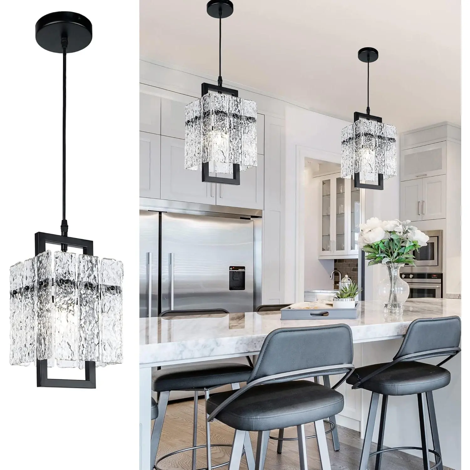 Black Crystal Pendant Chandelier - Luxury Water Ripple Glass Indoor Light Fixture, Modern Elegant Adjustable Dimmable E12 Bulb Lighting for Kitchen Island, Dining Room, 6.5inL x 11.8inH, Incandescent