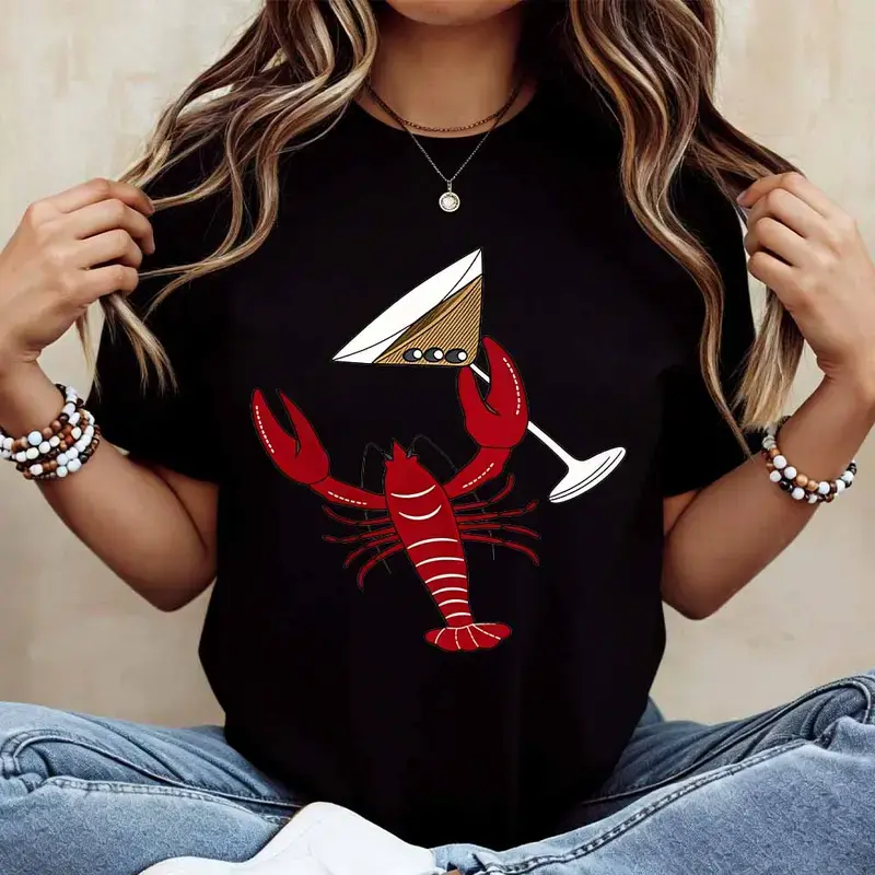 Lobster And Cocktail Glass Print T Shirt Women Casual Short Sleeve Round Neck Top Summer Fashion Trendy Graphic Tee