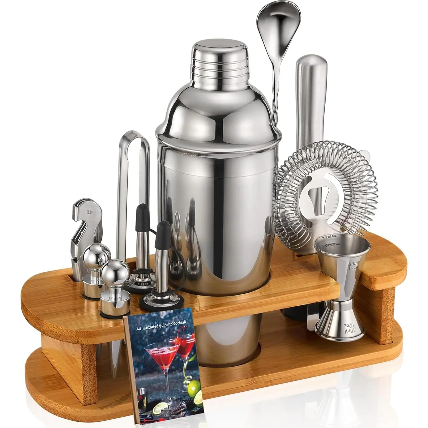 Cocktail Shaker Set Bartender Kit: 13-Pcs Bar Tools Set with Bamboo Stand, Essential Bar Accessories for Home: 25oz Martini Shaker, Jigger, Bar Spoon, Professional Cocktails Kit for Drink Mixing |     Gift