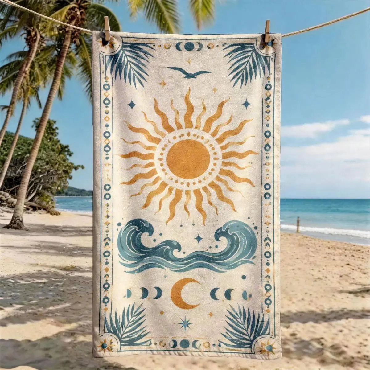 Vintage Sun Wave Moon Phase Palm Leaf Beach Towel, Multifunctional Towel, Oversized, Quick Dry, Ultra-Soft Polyester, Multi-use for Travel, Swimming, Camping, Fitness, Beach Vacations, Machine Washable, 2D Flat, Best Gift for Friends and Family
