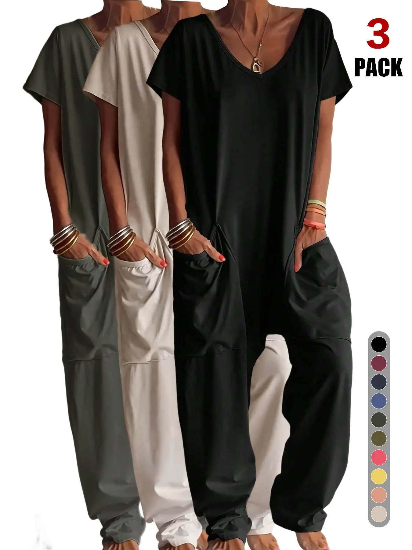 2026 Spring Summer Women's Casual V-Neck Short Sleeve Harem Jumpsuit, Loose Fit Overalls with Pockets, Comfy Loungewear for Daily & Vacation