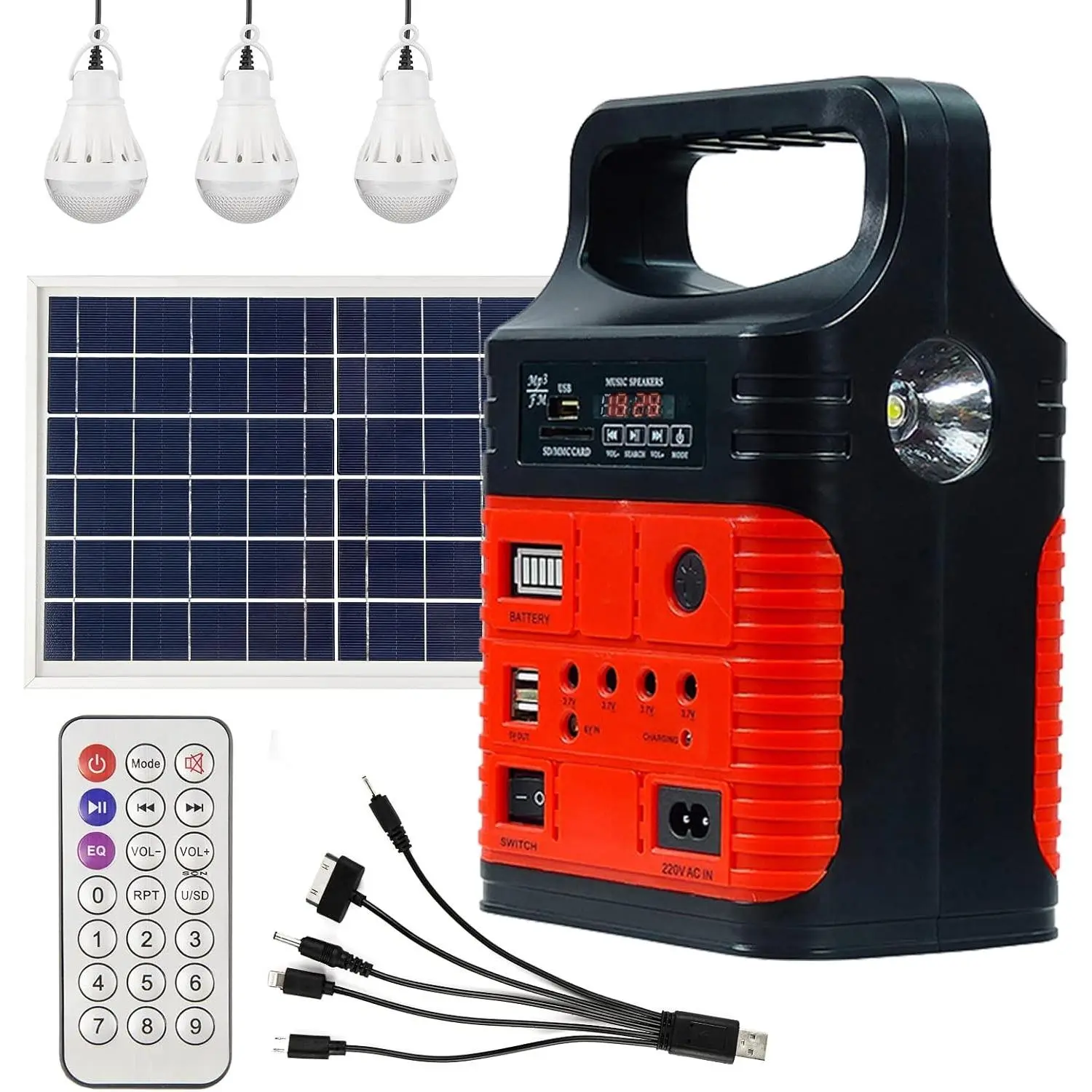 Portable Solar Generator Power Station with Solar Panel & 3 Sets LED Lights - Emergency Power Supply for Camping Home Outdoor Use (Red Color)