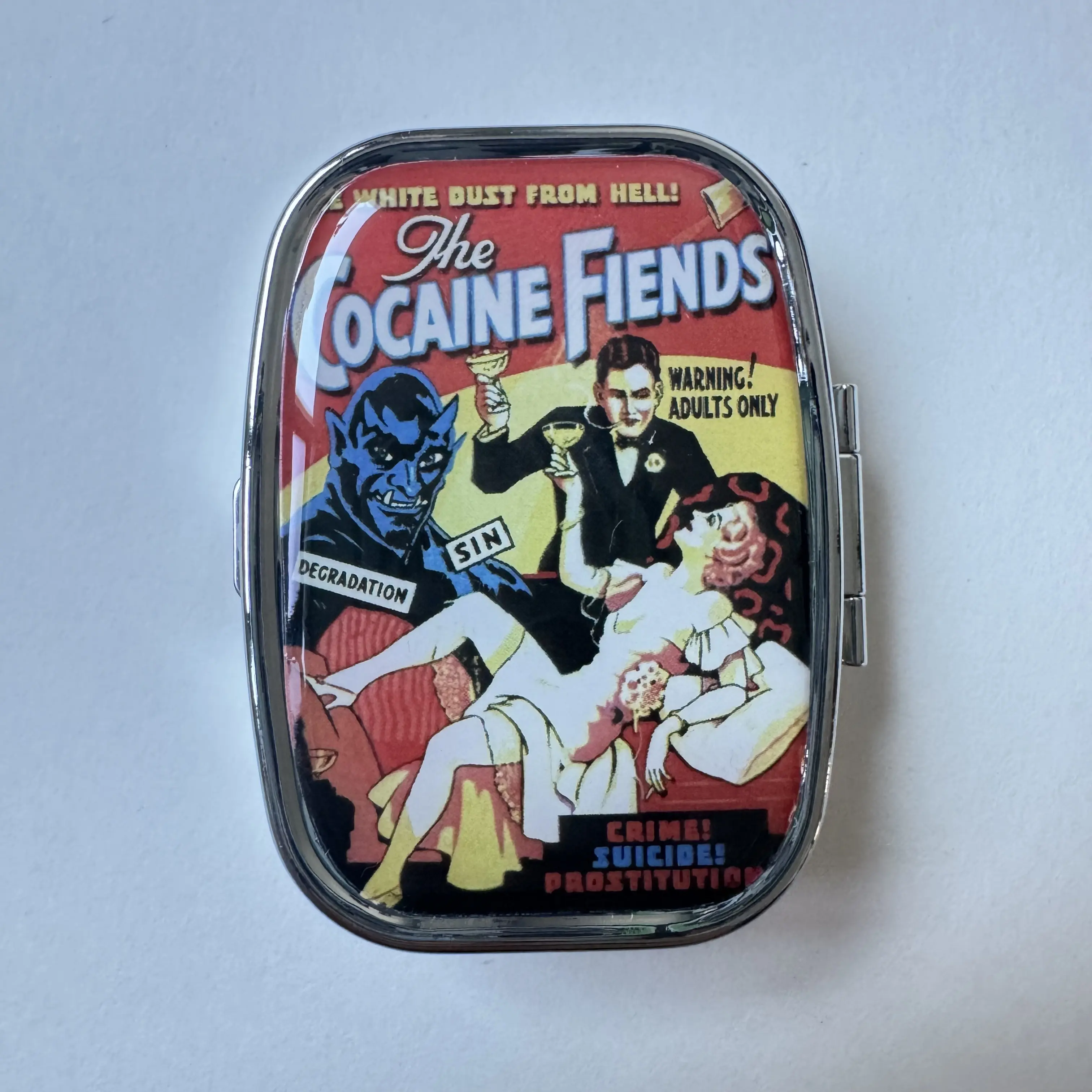 Vintage Metallic Pill Organizer Box - Flip-Top Snap Closure, Glossy Metal Shell, Divided Compartment, Space-Saving Storage for Medicine, Trinkets (Cocaine Fiends Marijuana Themed Vintage Artwork) for Parents, Friends, Loved Ones