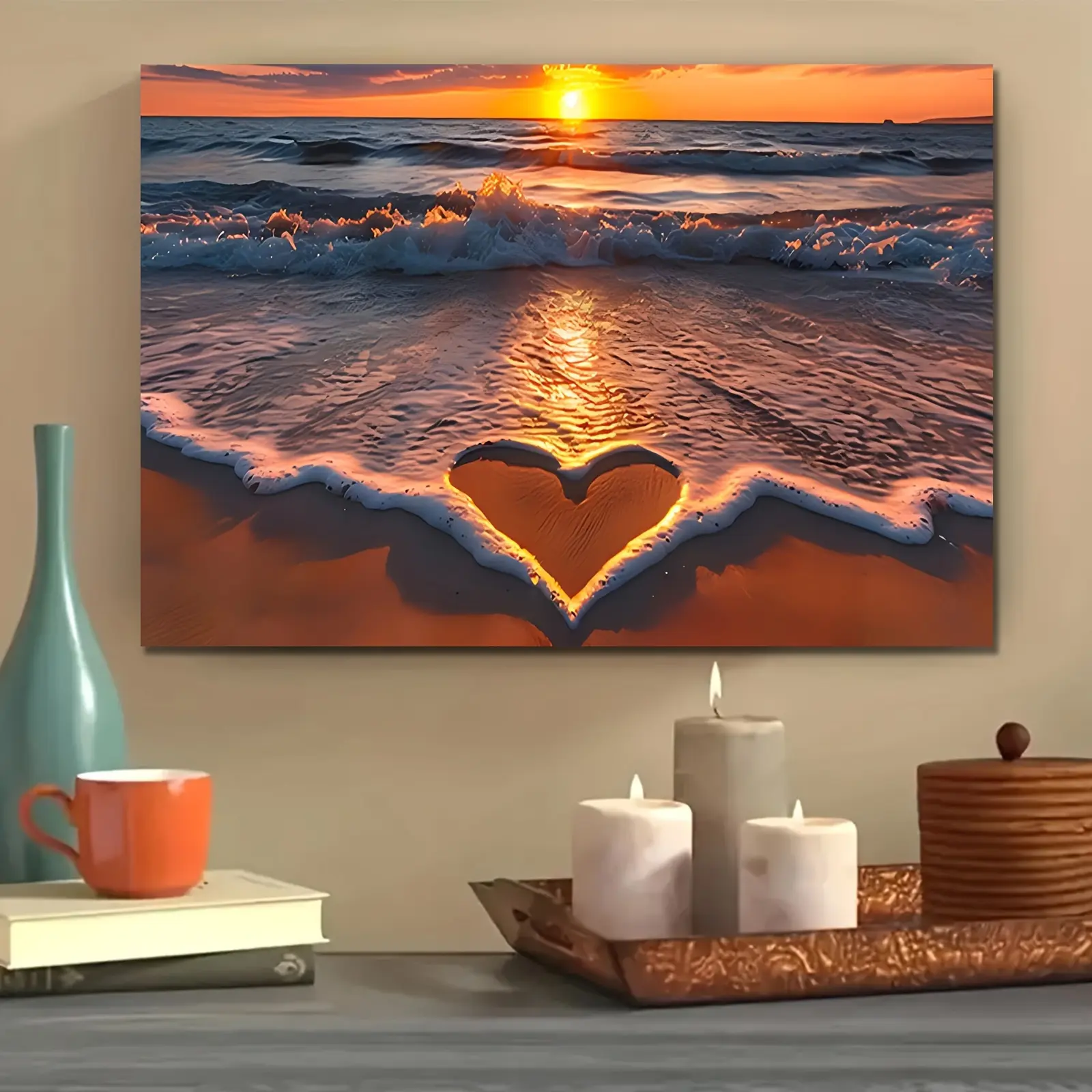 1 modern beach sunset decorative painting - framed canvas oil painting with wooden frame, featuring warm-toned waves and beach scenery - ready-to-hang coastal style decor for living room and bedroom, perfect holiday housewarming gift, suitable for home, o
