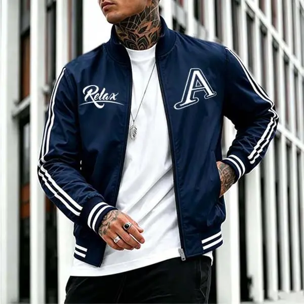 Men's Classic Stripe Track Jacket with Graphic Print - Lightweight Full Zip-Up Stand Collar Streetwear Outerwear Tops, Fabric