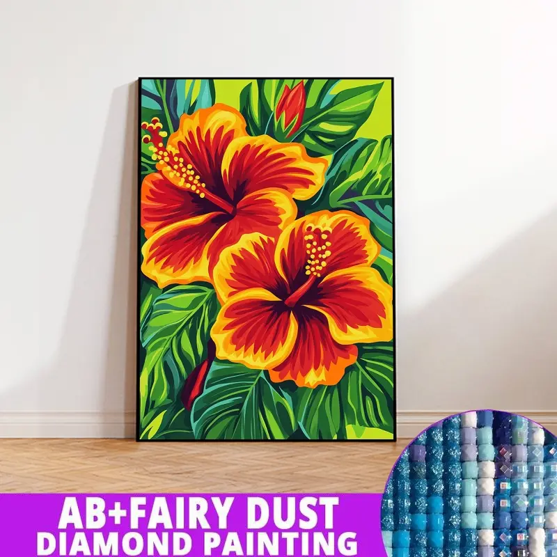 1PC framedless 5D Diamond Painting Kit-Vibrant Tropical Hibiscus Flowers with Foliage Vibrant Tropical Hibiscus Flowers with Foliage -Ornament Decorations for Home Resin Diamonds, AB Diamonds & Fairy Dust, Perfect for Adult Diamond Lovers,Holiday Gift
